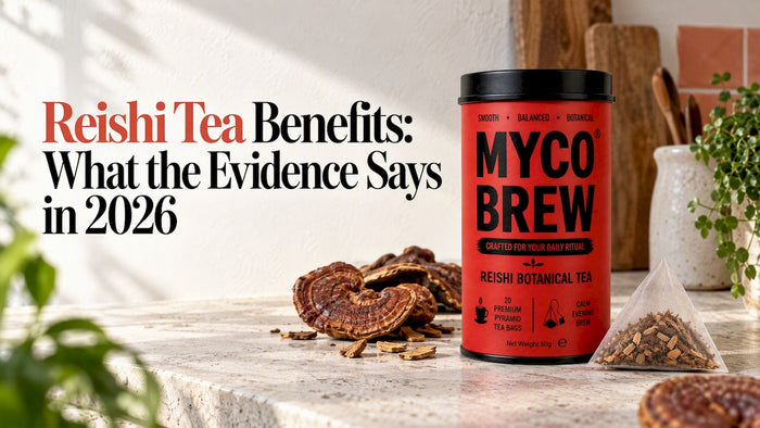 MycoBrew Reishi tea with dried reishi slices