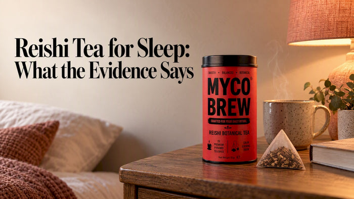 MycoBrew Reishi tea on a bedside table